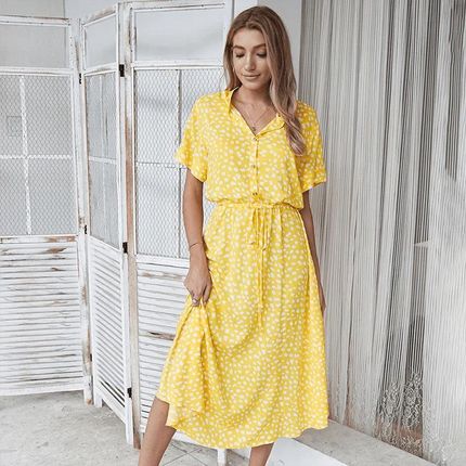 Wzorzysta sukienka midi - Żółty XL