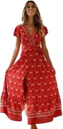 Wzorzysta sukienka maxi - Czerwony L