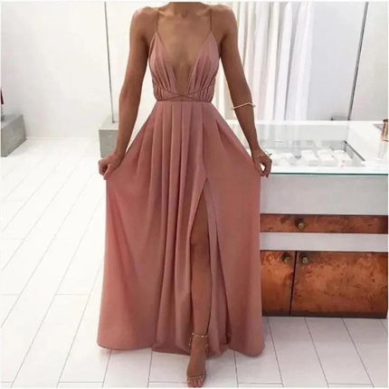 Długa sukienka z głębokim dekoltem - M Różowy