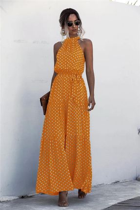 Długa sukienka w kropki - Pomarańczowy M