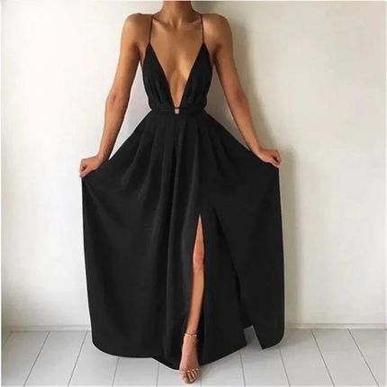 Długa sukienka z głębokim dekoltem - M Czarny