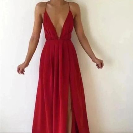 Długa sukienka z głębokim dekoltem - L Czerwony