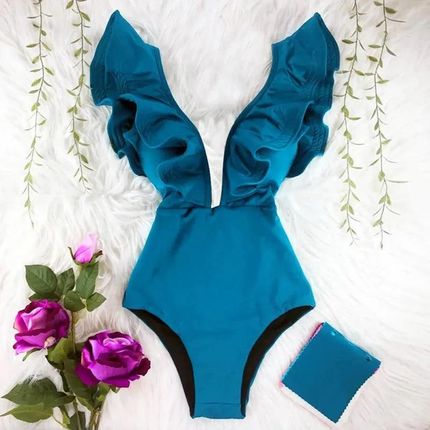 Jednoczęściowy strój kąpielowy z ozdobnymi rękawami - Niebieski M