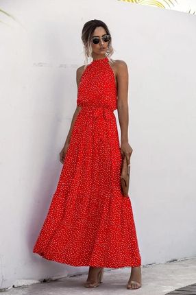 Długa sukienka w kropki - Czerwony M