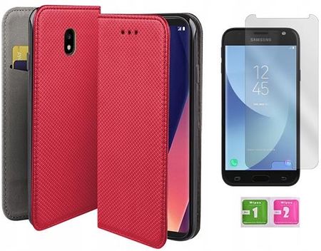 Martech Etui Z Klapką Do Samsung Galaxy J3 2017 Czerwony Smart Magnet Szkło 9H