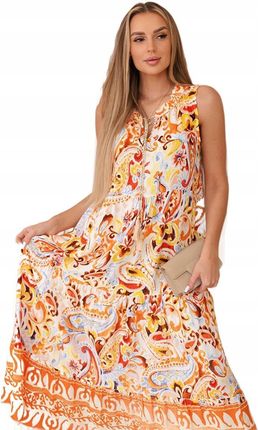 Sukienka wiskozowa z motywem kwiatowym i wiązanym dekoltem pomarańczowa