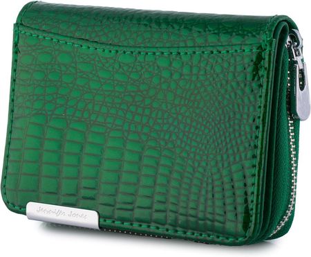 Skórzany portfel damski poziomy mały lakierowany zielony piórka 897