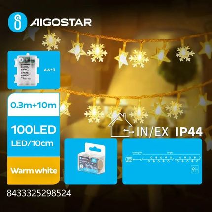 Aigostar Taśma Świetlna Gwiazdy I Śnieżynki Na 3 Baterie Aa Ciepła Biel (B10303K50)
