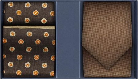 Zestaw prezentowy dla mężczyzny: brązowy krawat + poszetka brązowa wełniana we wzorki EM