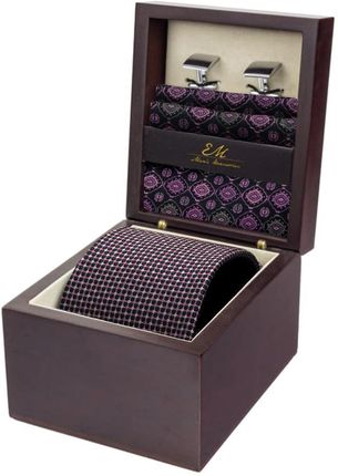 Zestaw Prezentowy dla mężczyzny w kolorze fioletowym: krawat + poszetka jedwabna + spinki zapakowane w pudełko EM 6