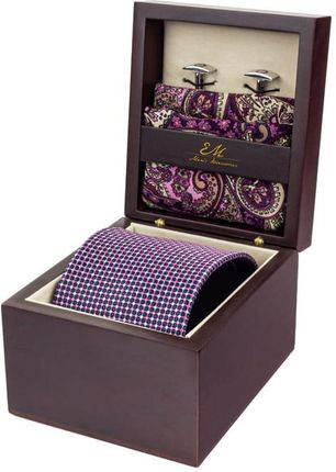 Zestaw Prezentowy dla mężczyzny klasyczny w kolorze fioletowym: krawat + poszetka + spinki zapakowane w pudełko EM 24