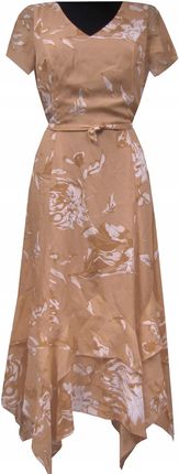 Sukienka Długa Do Kostek Suknia Krótki Rękaw Kwiaty Brązowa 36 MODEL:439
