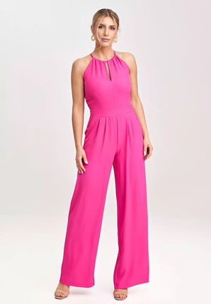Elegancki kombinezon damski z szerokimi nogawkami i wiązaniem na szyi (Różowy, L/XL)