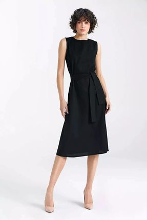 Subtelna sukienka midi z wiązaniem w talii (Czarny, XL)