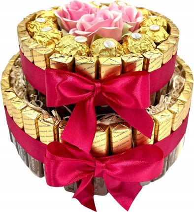 Tort MERCI 2 PIĘTRA Prezent Dzień Mamy Zestaw Słodyczy Ferrero Rocher+ Róże