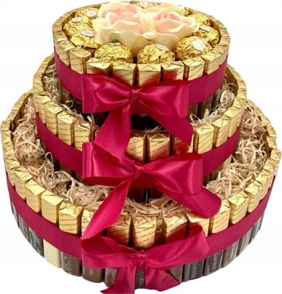 Tort MERCI 3 PIĘTRA Prezent Dzień Mamy Zestaw Słodyczy Ferrero Rocher+ Róże
