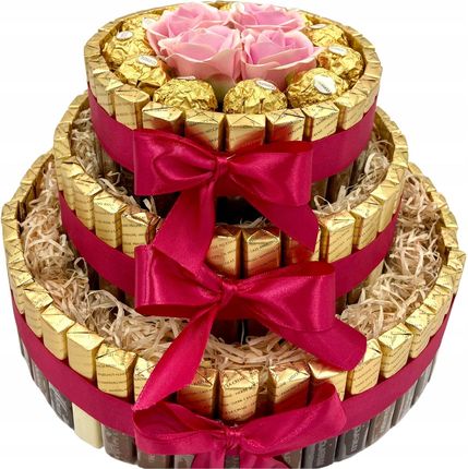 Tort MERCI 3 PIĘTRA Prezent Dzień Mamy Zestaw Słodyczy Ferrero Rocher+ Róże