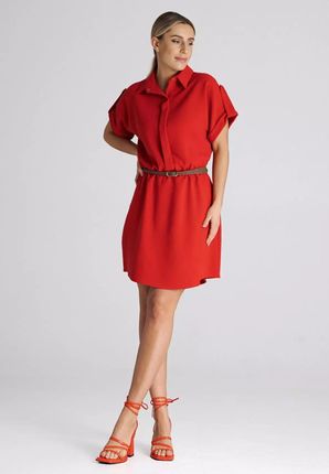 Elegancka sukienka damska z paskiem w talii (Czerwony, L)
