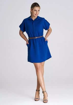 Elegancka sukienka damska z paskiem w talii (Niebieski, L)