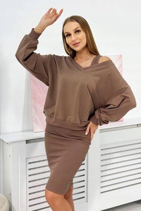 Komplet bluzka + sukienka prążkowana mocca UNI