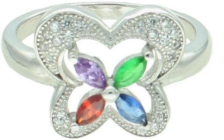 Diament Srebrny pierścionek damski 925 kwiatek z kolorowymi cyrkoniami