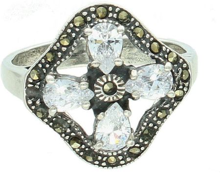 Diament Srebrny pierścionek damski 925 biały kwiat markazyty i cyrkonie rozmiar 24