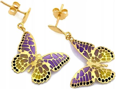 Lovrin Wiszące złote kolczyki 585 zawieszki z emaliowanym kolorowym motylem modne