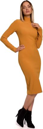 M542 Sukienka Dopasowana z Półgolfem - Musztardowa S (36) żółty