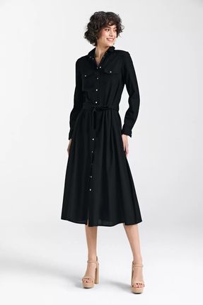 Sukienka Lniana, Zapinana na Napy - Czarny - S241 S (36) czarny