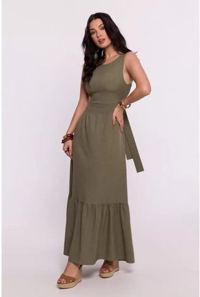 B281 Sukienka z Gumowanym Paskiem i Wiązaniem na Plecach - Oliwkowa L (40) oliwkowy