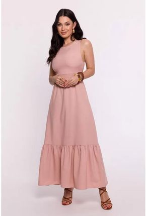 B281 Sukienka z Gumowanym Paskiem i Wiązaniem na Plecach - Różowa S (36) różowy