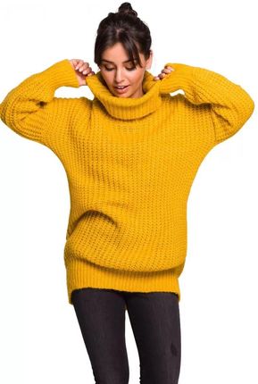 Bk030 Długi Sweter z Golfem - Miodowy L/XL żółty
