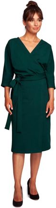 B241 Sukienka Kopertowa z Wiązanym Paskiem - Ciemnozielony S (36) zielony