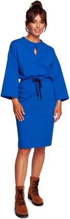 B234 Sukienka ściągana w Pasie Trokami - Chabrowa XL (42) niebieski