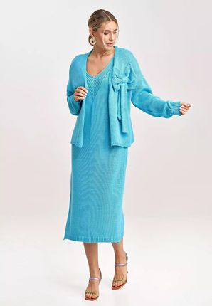 Elegancki komplet damski z sukienką z dzianiny (Błękitny, Uniwersalny)