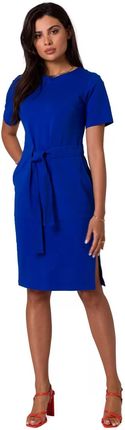 B263 Sukienka Bawełniana z Naszytymi Kieszeniami - Chabrowa S (36) niebieski