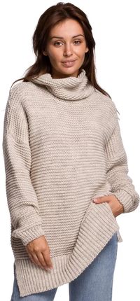 Bk047 Sweter Oversize z Golfem - Beżowy Uniwersalny beżowy