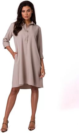 B257 Sukienka Koszulowa z Poszerzonym Dołem - Beżowa M (38) beżowy