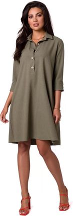B257 Sukienka Koszulowa z Poszerzonym Dołem - Oliwkowa L (40) oliwkowy