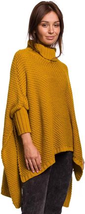 Bk049 Sweter Ponczo z Rękawami i Golfem - Miodowy Uniwersalny żółty