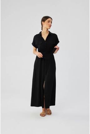S364 Sukienka Maxi Rozpinana z Krótkimi Rękawami - Czarna L (40) czarny