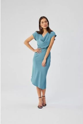 S362 Sukienka Asymetryczna z Dekoltem Typu Woda - Zimnoniebieska L (40) niebieski