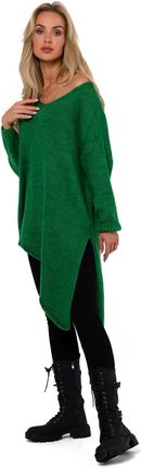 M769 Sweter Tunika z Asymetrycznym Dołem - Szamaragdowy Uniwersalny zielony