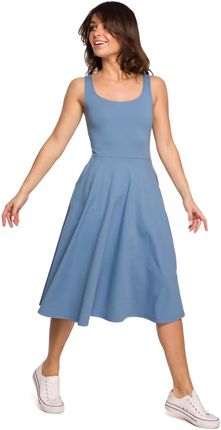 B218 Sukienka Rozkloszowana na Cienkich Ramiączkach - Niebieska S (36) niebieski