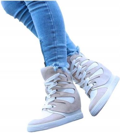 Beżowe białe trampki sneakersy sportowe buty damskie na koturnie 14902 38