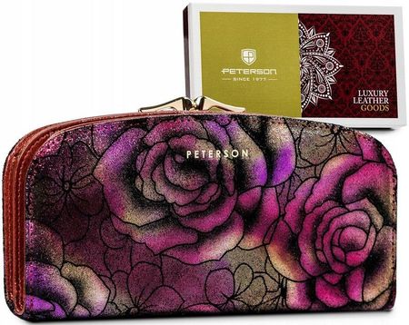 Duży, pojemny portfel ze skóry naturalnej z kwiatowym wzorem Peterson