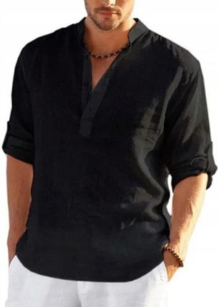 Koszula męska z lnu i bawełny z długim rękawem XL luźna góra w stylu casual