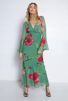 Warehouse Zielona Maxi Sukienka Rozszerzane Rękawy Kwiaty V-neck VP9 NI1__L