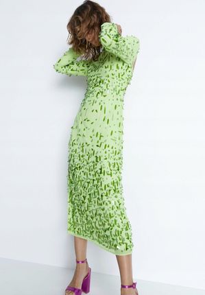 Warehouse Zielona MIDI Sukienka Zdobienie Długi Rękaw Xdj NI1__XL