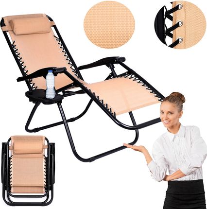 Leżak Ogrodowy Beżowy Zero Gravity Fotel Plażowy Krzesło Tarasowe 120kg 